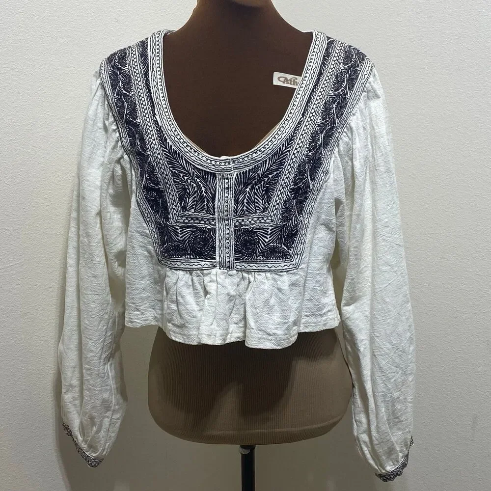 Free People Iggie Embroidered Cropped Blouse Ivory/ Black Bean Size Extra Small